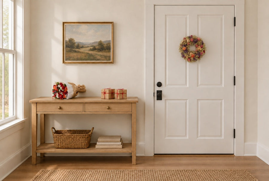 A wrapped Red Mix bouquet and two small gifts on an oak console table, with a dried flower wreath on the inside of the front door.