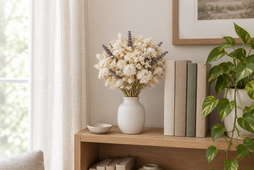 A cream and lavender dried bouquet in a white vase on a bookshelf, a few feet back from a sheer-curtained window.