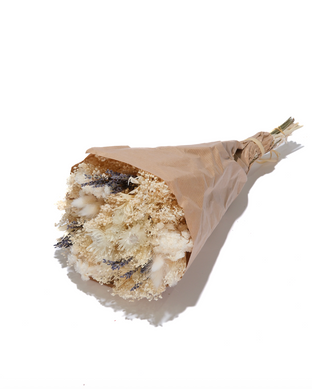 White Lavender dried flower bouquet in white and soft purple, wrapped in paper